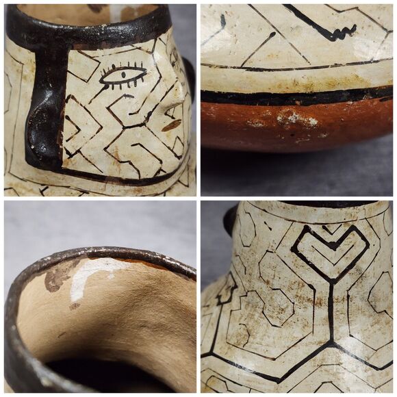 Vintage Peruvian Shipibo Conibo Pottery Face Vase Handmade Hand Painted Vessel - Picture 4 of 10